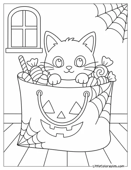 Black Cat Peeking Out of a Trick-or-Treat Bag Stuffed with Candy and Cobwebs Coloring Page