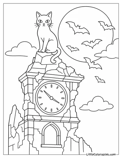 Black Cat Perched on a Broken Clock Tower with Bats Streaming Past the Moon Coloring Page