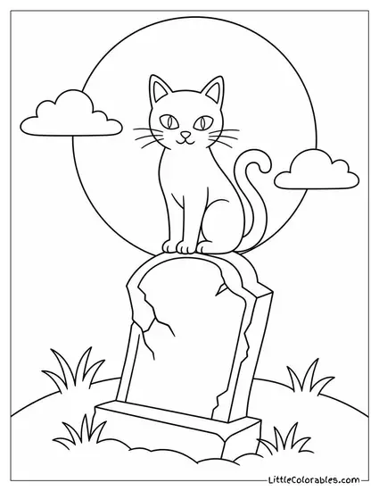 Black Cat Perched on a Crooked Tombstone with Glowing Eyes and a Full Moon Behind Coloring Page