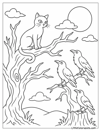 Black Cat Perched on Top of a Gnarled Tree Branch with Crows Staring Back at It Coloring Page