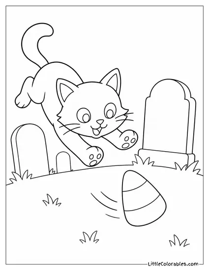 Black Cat Pouncing on a Rolling Candy Corn Between Tombstones Coloring Page