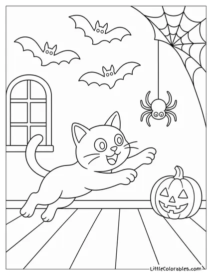 Black Cat Pouncing on a Spider Dangling from a Web with Bats Swirling Above Coloring Page