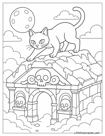 Black Cat Prowling Across a Mossy Crypt Roof with Skull Decorations and Drifting Fog Coloring Page