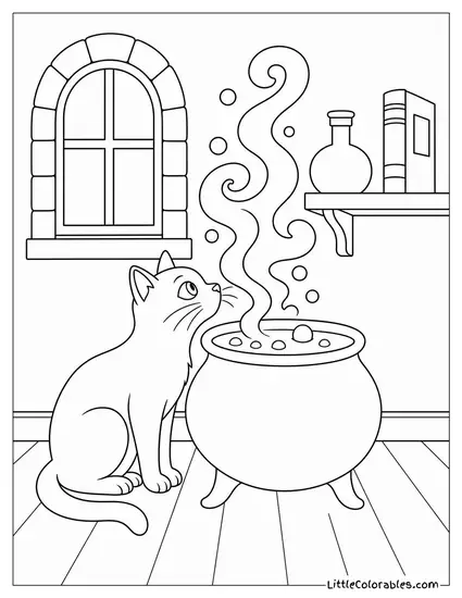 Black Cat Sitting Beside a Bubbling Cauldron Sniffing Green Smoke Curling Upward Coloring Page