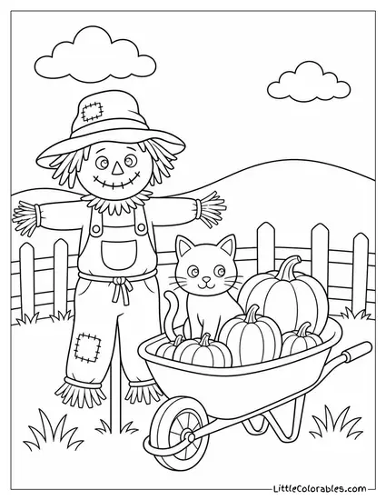 Black Cat Sitting in a Wheelbarrow of Pumpkins Beside a Scarecrow in a Field Coloring Page