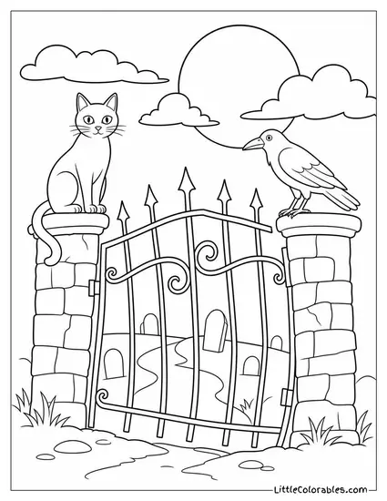 Black Cat Sitting on a Crooked Cemetery Gate with a Raven and a Full Moon Coloring Page