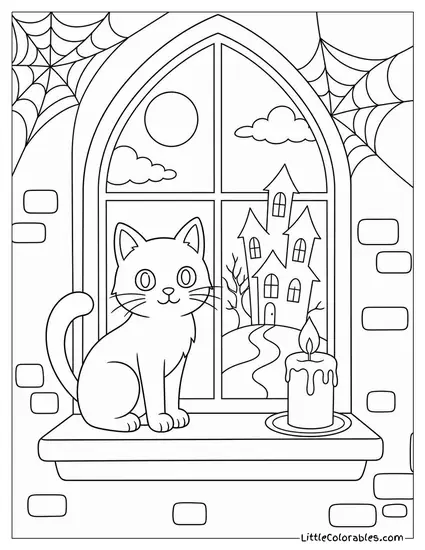 Black Cat Sitting on a Haunted House Windowsill with Cobwebs and a Candle Flickering Coloring Page