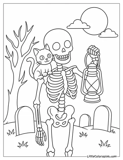Black Cat Sitting on a Skeleton Shoulder in a Graveyard with a Lantern Glowing Coloring Page
