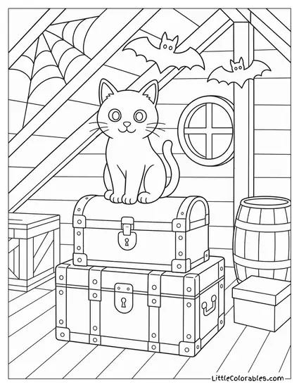 Black Cat Sitting on a Stack of Old Trunks in a Dusty Attic with Bats Above Coloring Page