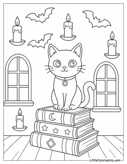 Black Cat Sitting on a Stack of Spellbooks with Floating Candles and Bats Above Coloring Page