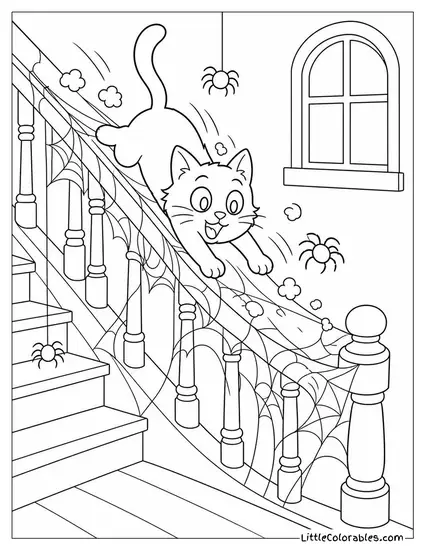 Black Cat Sliding Down a Cobweb Covered Banister with Dust and Spiders Flying Coloring Page