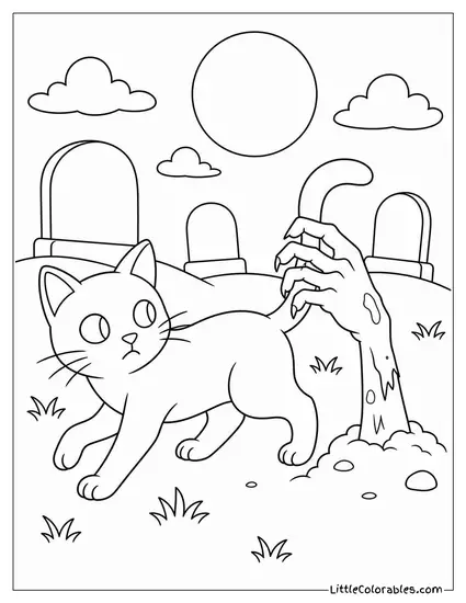 Black Cat Sneaking Through a Graveyard as a Zombie Hand Grabs Its Tail Coloring Page
