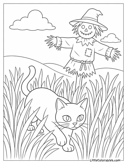 Black Cat Stalking Through Tall Dead Grass with a Scarecrow Watching in the Field Coloring Page