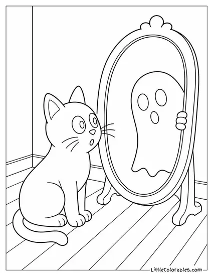 Black Cat Staring Wide Eyed at a Ghost Peeking Out of a Mirror Coloring Page