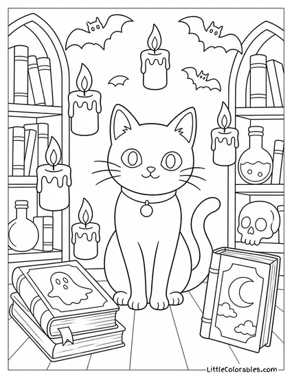 Black Cat Surrounded by Floating Candles, Spooky Books, and Bats in a Dark Library Coloring Page