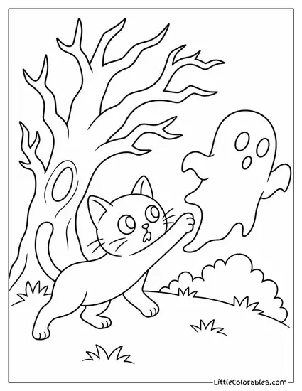 Black Cat Swatting at a Ghost Floating Past a Spooky Tree Coloring Page