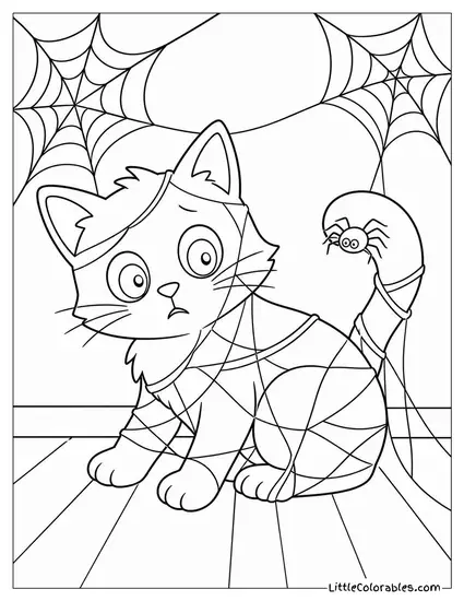 Black Cat Tangled in Cobwebs with a Spider Crawling Across Its Tail Coloring Page