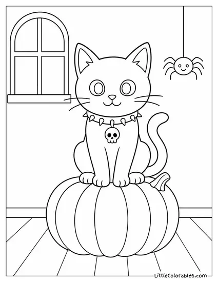 Black Cat Wearing a Spooky Collar with a Skull Charm Sitting on a Pumpkin Coloring Page