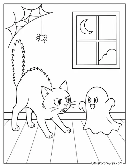 Black Cat with a Puffed Up Tail Facing Off Against a Tiny Ghost Coloring Page