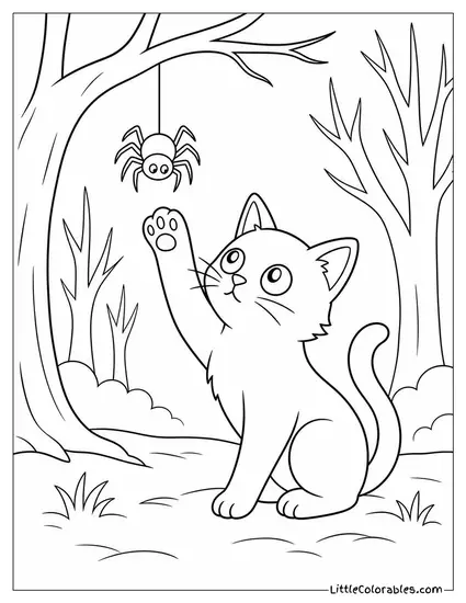 Black Cat with a Raised Paw Swiping at a Hanging Spider in a Foggy Forest Coloring Page