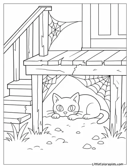 Black Cat with Glowing Eyes Lurking Under a Rickety Porch Surrounded by Cobwebs Coloring Page