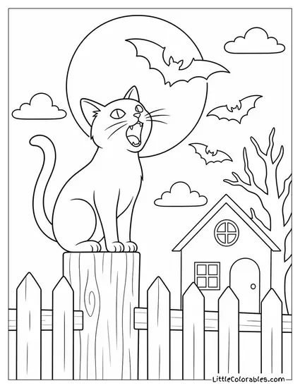 Black Cat Yowling on a Fence Post at a Full Moon with Bats Flying Past Coloring Page