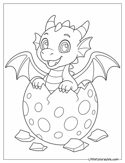 Cartoon Baby Dragon Hatching From a Cracked Speckled Egg With Tiny Wings Unfurling Coloring Page