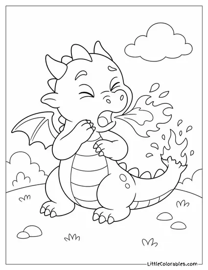 Cartoon Dragon Accidentally Sneezing a Puff of Fire and Singeing Its Own Tail Coloring Page