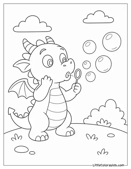 Cartoon Dragon Blowing Bubbles Instead of Fire by Mistake Coloring Page