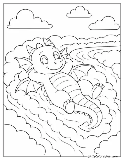 Cartoon Dragon Floating on Its Back in a Cloud Like a Lazy River Coloring Page