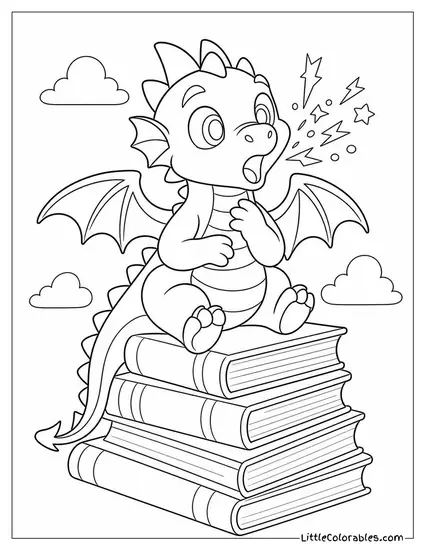 Cartoon Dragon Hiccupping Sparks While Sitting on a Pile of Storybooks Coloring Page