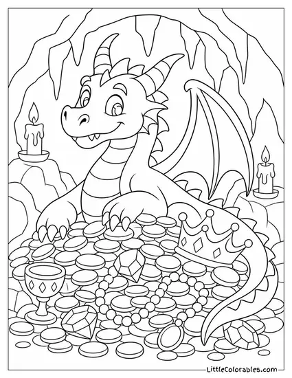 Cartoon Dragon Hoarding a Pile of Gold Coins and Jewels in a Candlelit Cave Coloring Page