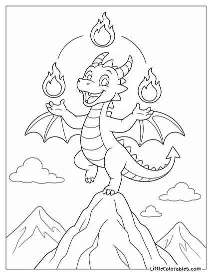Cartoon Dragon Juggling Fireballs While Balancing on a Mountain Peak Coloring Page