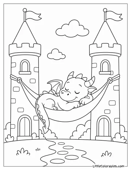 Cartoon Dragon Napping in a Hammock Strung Between Two Castle Towers Coloring Page