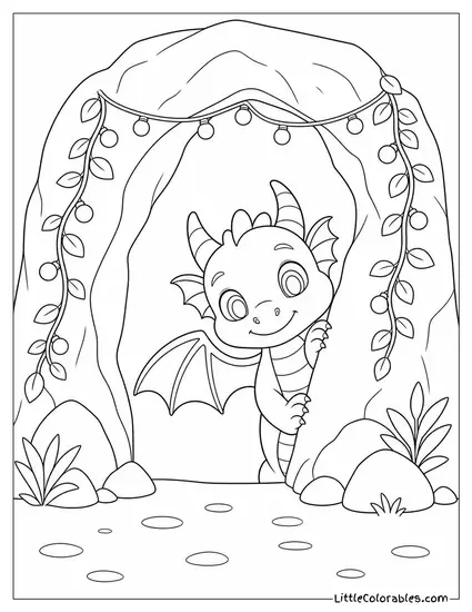 Cartoon Dragon Peeking Shyly Out of a Cave Decorated With Fairy Lights Coloring Page