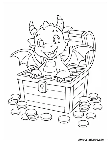 Cartoon Dragon Popping Out of a Treasure Chest Surrounded by Coins Coloring Page