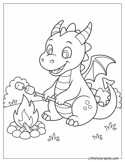 Cartoon Dragon Roasting Marshmallows Over Its Own Tiny Flame Coloring Page