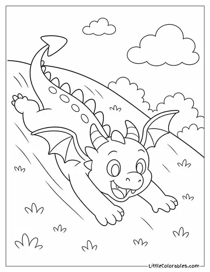 Cartoon Dragon Sliding Down a Grassy Hill on Its Belly Like a Slide Coloring Page