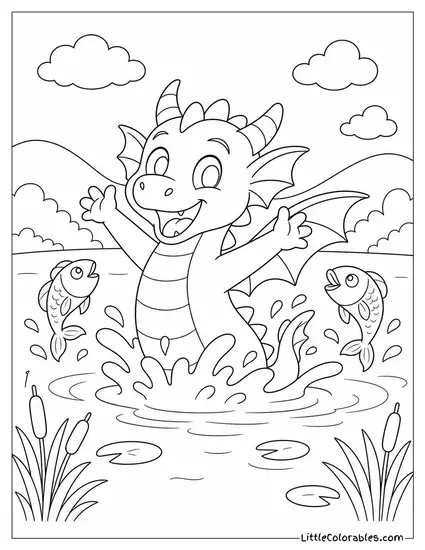 Cartoon Dragon Splashing Happily in a Lake With Fish Jumping Around It Coloring Page