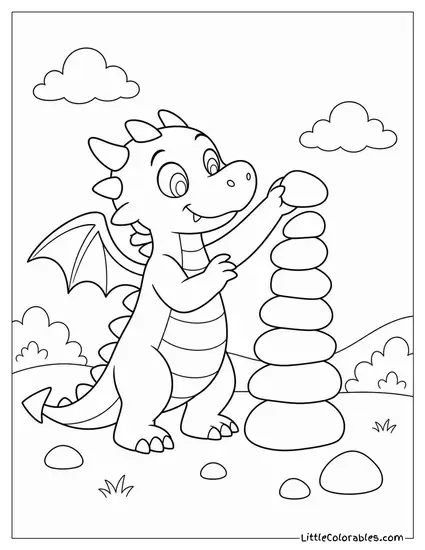 Cartoon Dragon Stacking Rocks Into a Wobbly Tower With Its Claws Coloring Page