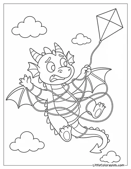 Cartoon Dragon Tangled in a Kite String While Trying to Fly Coloring Page