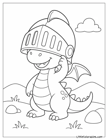 Cartoon Dragon Wearing a Knight's Oversized Helmet That Slips Over Its Eyes Coloring Page