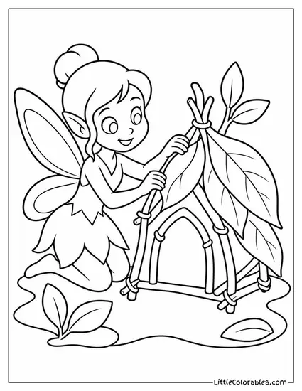 Cartoon Fairy Building a Tiny House Out of Twigs and Leaves Coloring Page