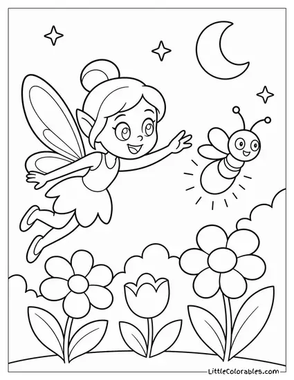 Cartoon Fairy Chasing a Firefly Through a Glowing Night Garden Coloring Page