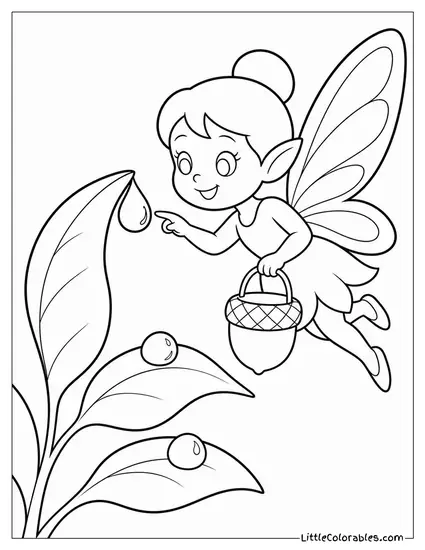 Cartoon Fairy Collecting Dew Drops in a Tiny Acorn Bucket Coloring Page