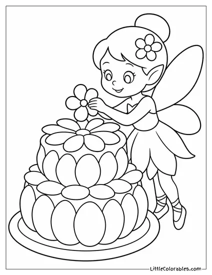 Cartoon Fairy Decorating a Birthday Cake Made of Flower Petals Coloring Page