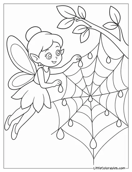 Cartoon Fairy Decorating a Spider Web With Morning Dew Drops Coloring Page