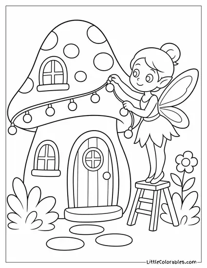 Cartoon Fairy Decorating a Toadstool House With Tiny Fairy Lights Coloring Page