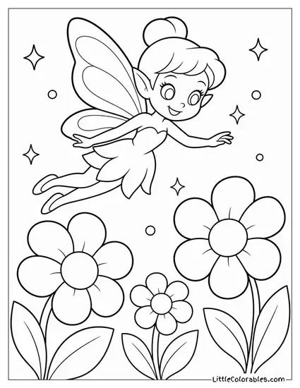 Cartoon Fairy Fluttering Through a Field of Glowing Flowers Coloring Page