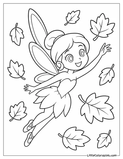 Cartoon Fairy Flying Through a Shower of Falling Autumn Leaves Coloring Page